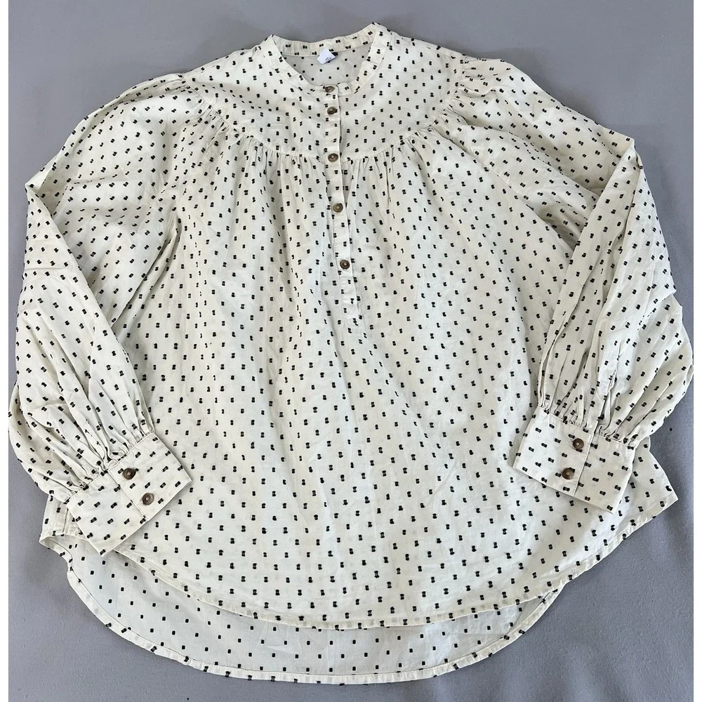 Old Navy Blouse Women's XL Tall Cream Black Swiss Dot Henley Long Sleeve Top